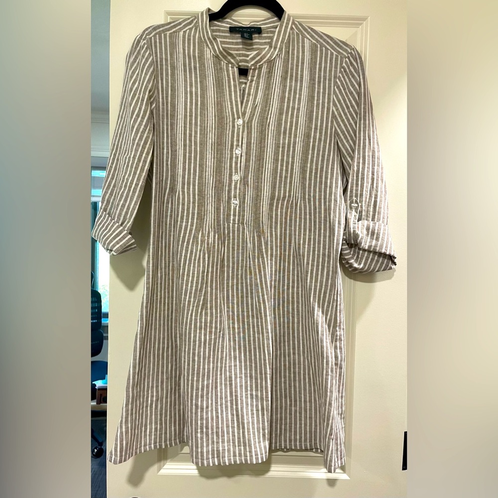 Taupe and white striped Tahari button down shirt dress - size small